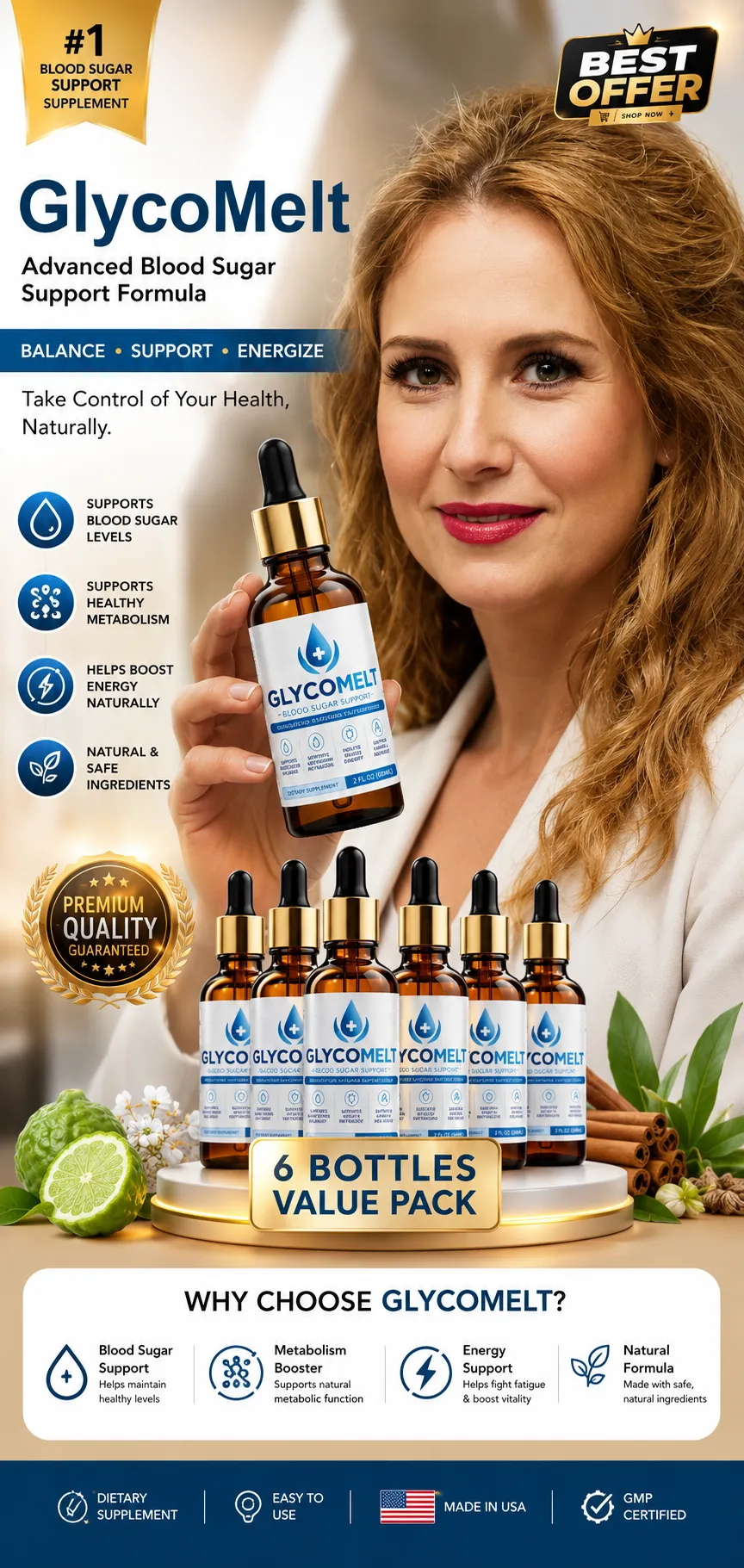 Woman holding GlycoMelt Blood Sugar Support liquid drops.