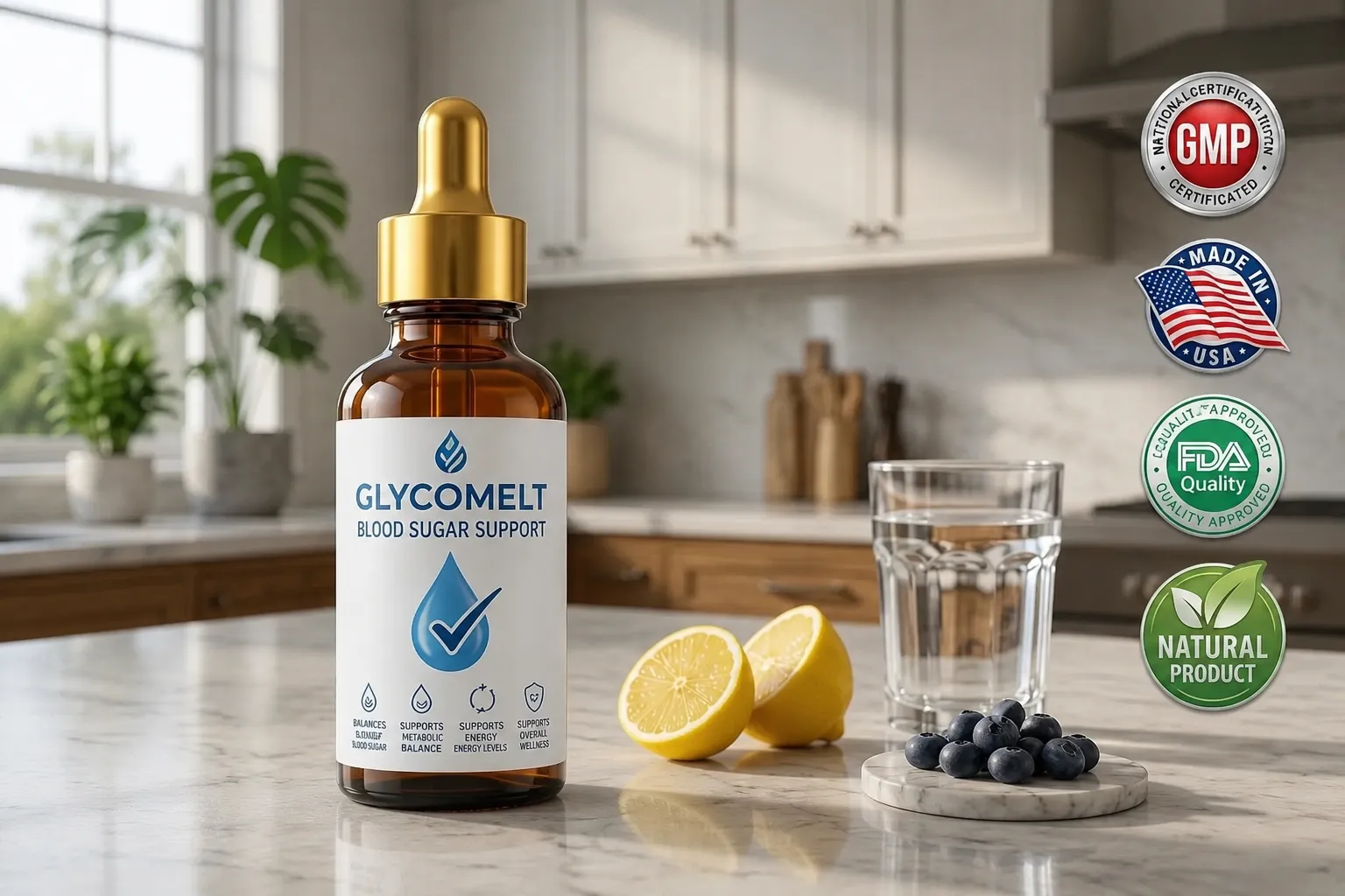 GlycoMelt Blood Sugar Support supplement dropper bottle on a kitchen counter with cut lemons, blueberries, a glass of water, and quality badges like Made in USA and GMP Certified.