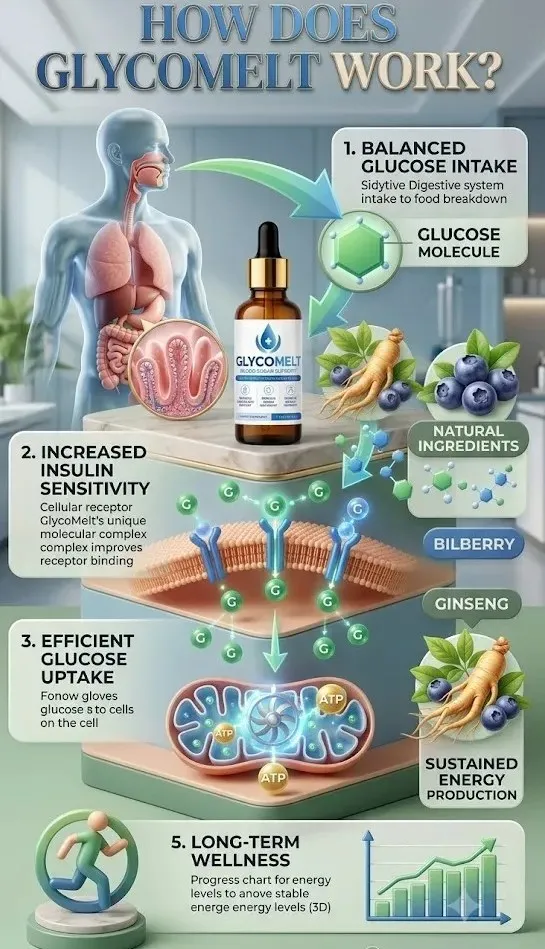 GlycoMelt blood sugar supplement mechanism of action infographic.