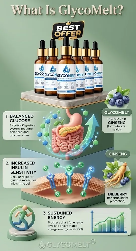 Infographic explaining what is GlycoMelt supplement and its benefits for blood sugar support.