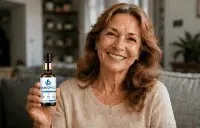 Smiling woman holding GlycoMelt blood sugar support bottle